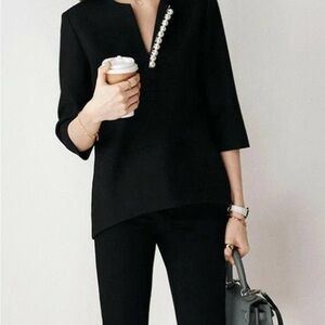 Elegant Black Women's Blouse W/ Pearls and Inner Lining Size Small